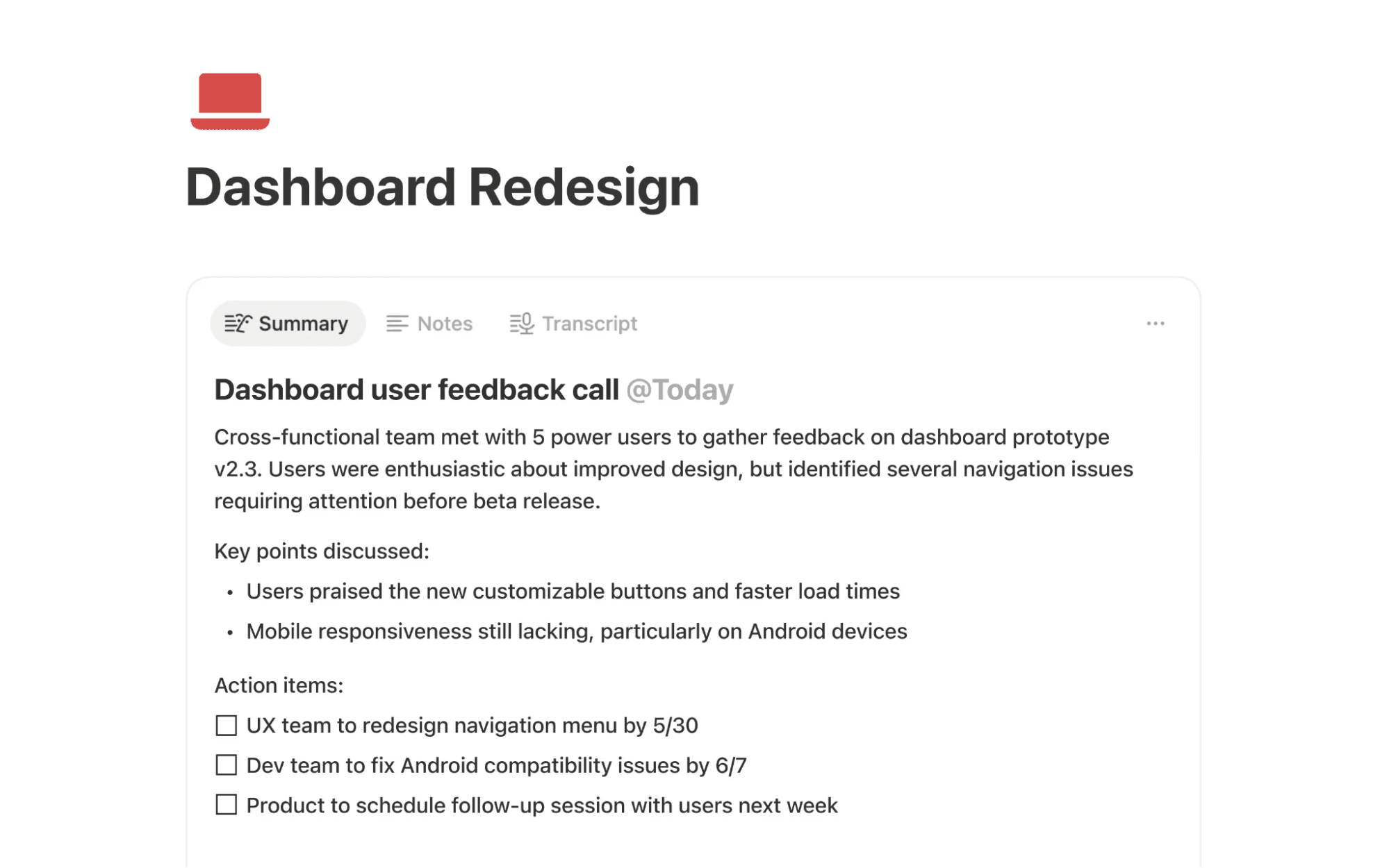 A meeting summary generated with Notion AI