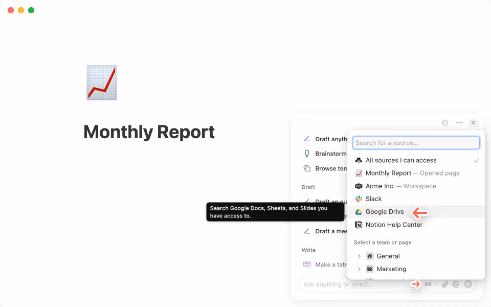 Click on the three-dot menu in the top-right corner of the Notion AI chat to connect to Google Drive.