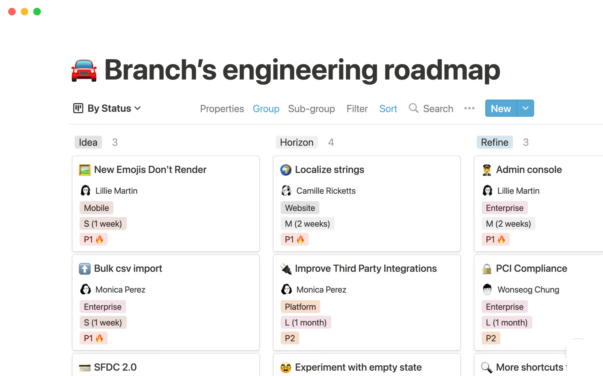 Branch’s engineering roadmap in Notion shows tasks by status, showing which jobs are moving through different milestones.