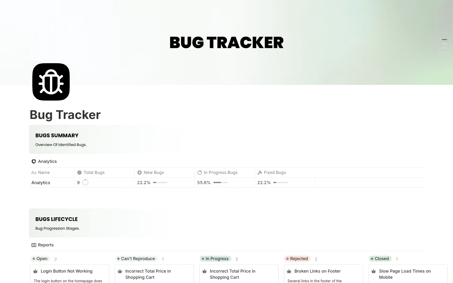 A bug and issue tracking template in Notion