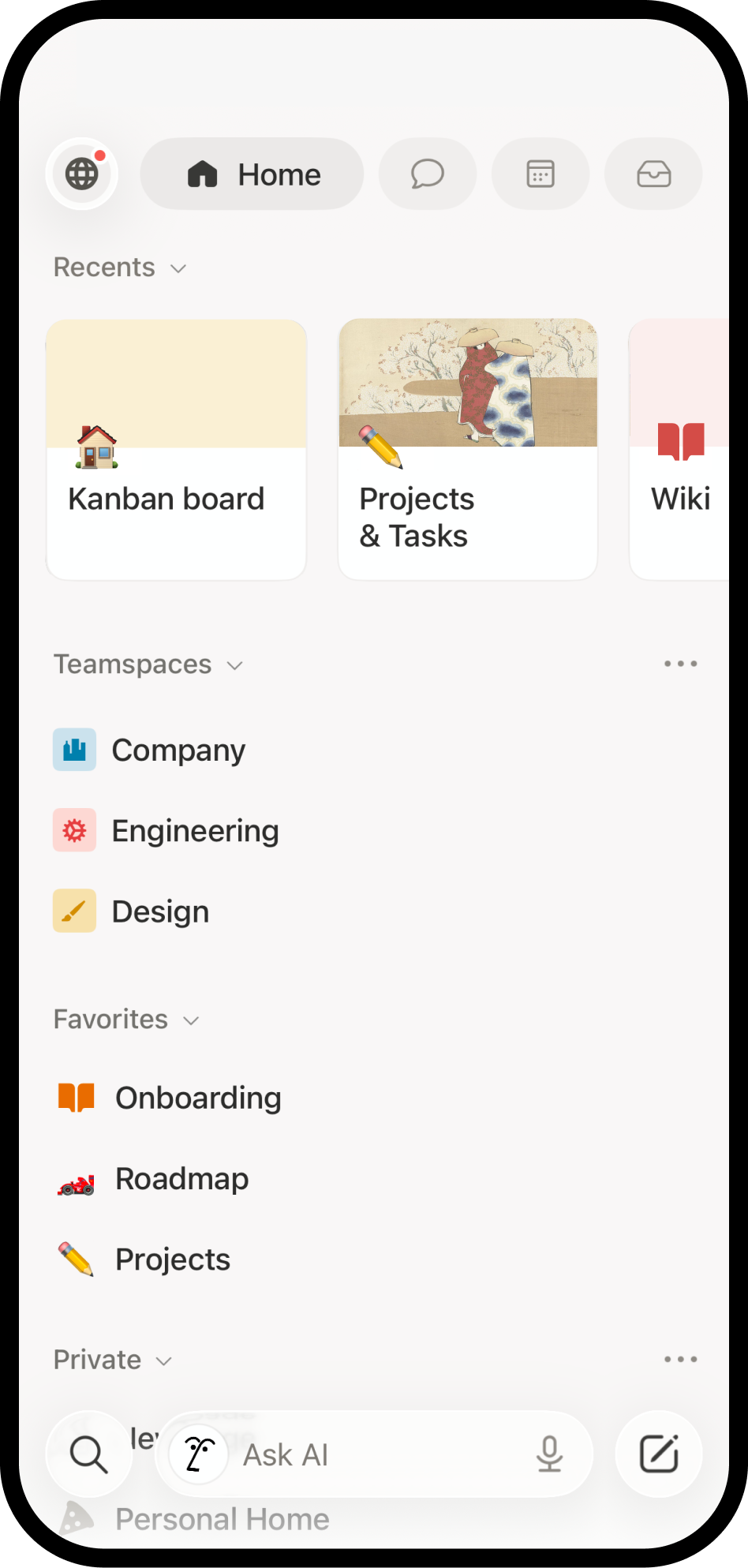 Una schermata di Notion su dispositivo mobile